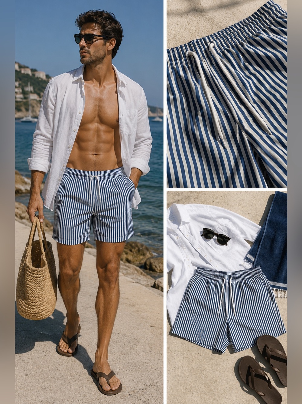 PacSun Men’s Medium Navy White Striped Swim Trunks Resort Beach Shorts European